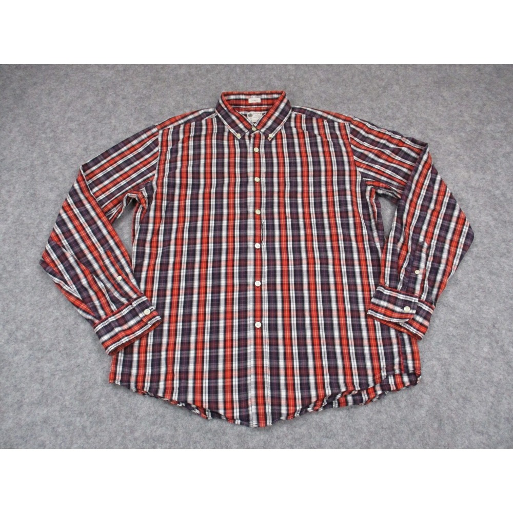 J Crew Shirt Mens Large Red White Washed Tartan Plaid Tailored Long Sleeve